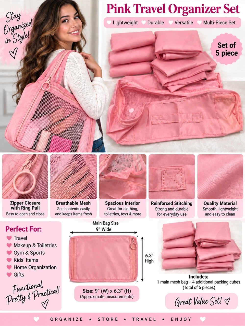 Elegant Pink Women's travel bag Set of 5